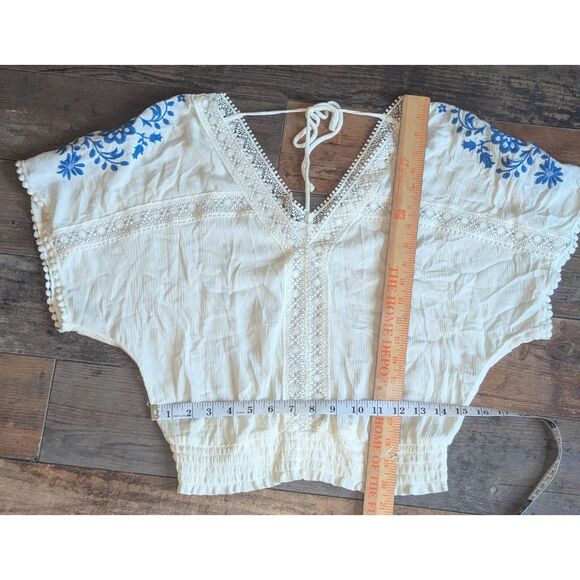 Self Esteem Embroidered Peasant Blouse M White Blue Floral Boho Smocked - Picture 5 of 6